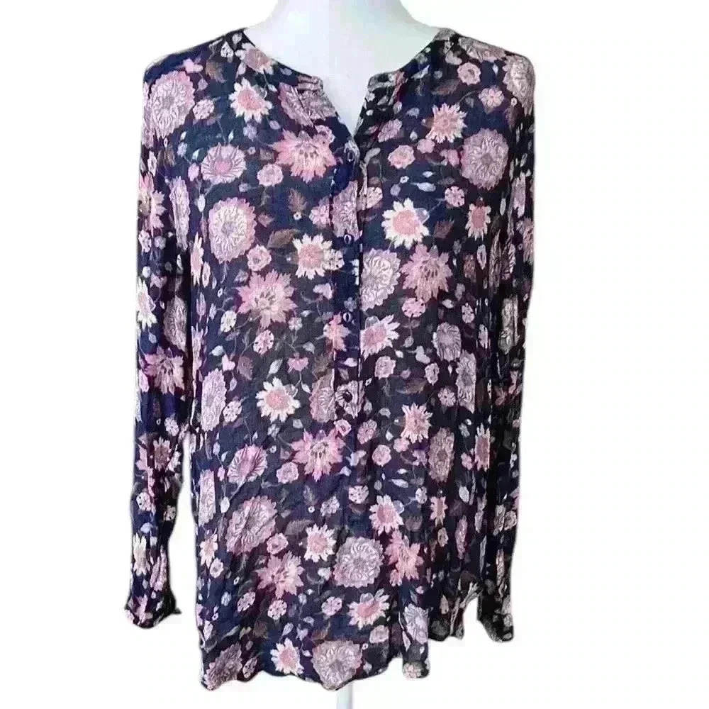 Lucky Brand Blue and Pink Floral Viscose Tunic Blouse Size Medium